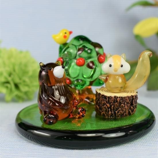 シマエナガとお花 ガラス細工 ミニチュア ガラス細工 シマエナガと