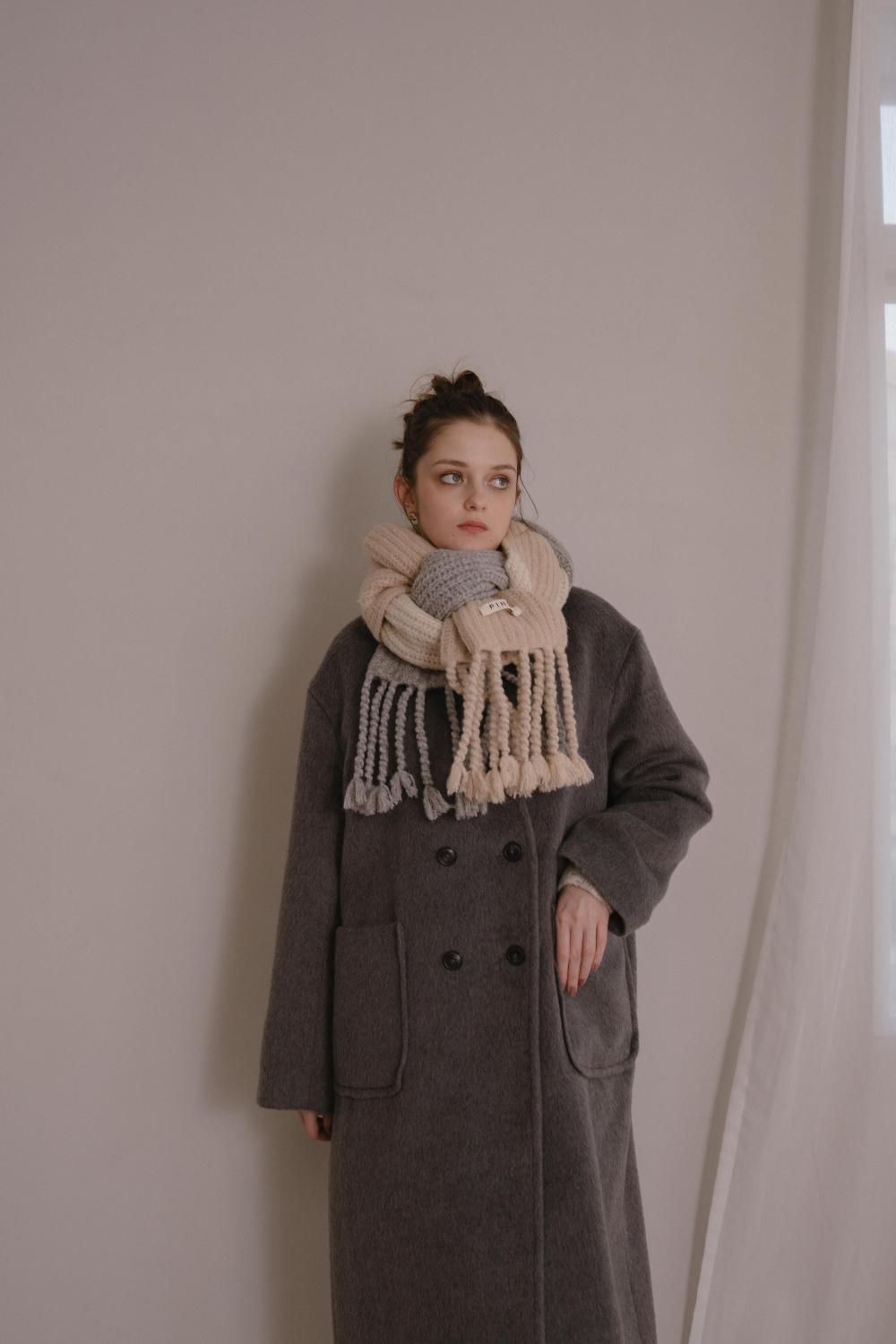 PINUE】トライカラーニットマフラー（カーキ✖️ピンク）