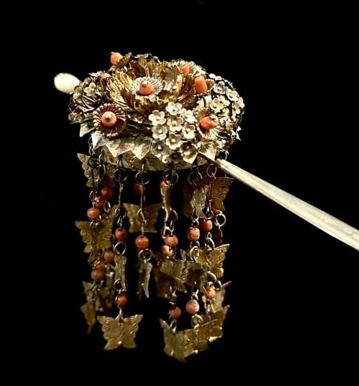 古銀簪三玉粒珊瑚江戸後期アンティーク花蝶吉報