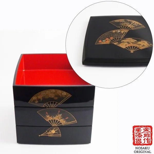 M667/輪島塗 桐鳳凰草花扇面金蒔絵 銀象嵌 螺鈿細工 黒塗内朱塗五段重