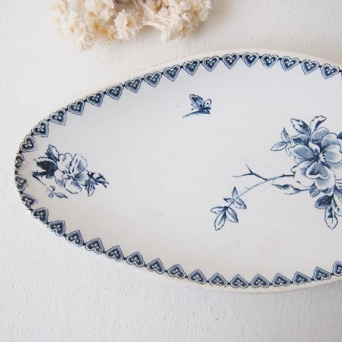 アンティーク ジアン Gien「MAI」オーバル皿 青絵・花と蝶 GIEN ジアン