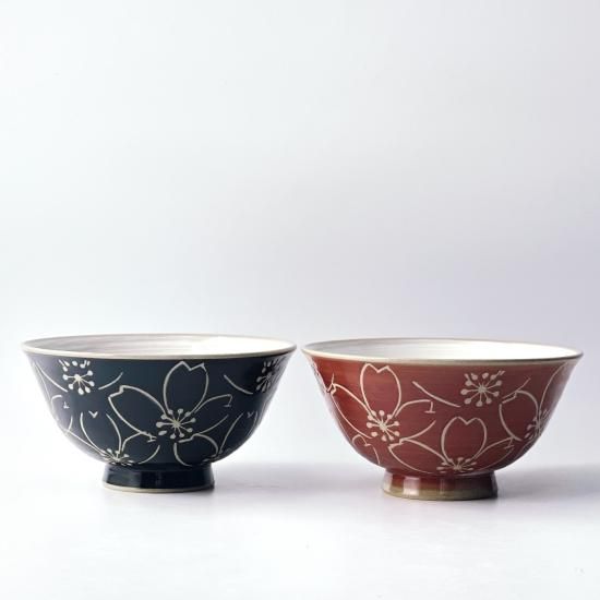 粉引 黒巻桜・朱巻桜 飯碗 - 梅陶器