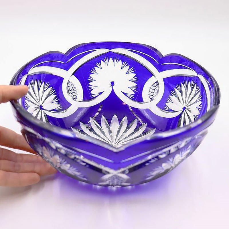 アンティーク青切子鉢 菊モチーフ昭和初期製