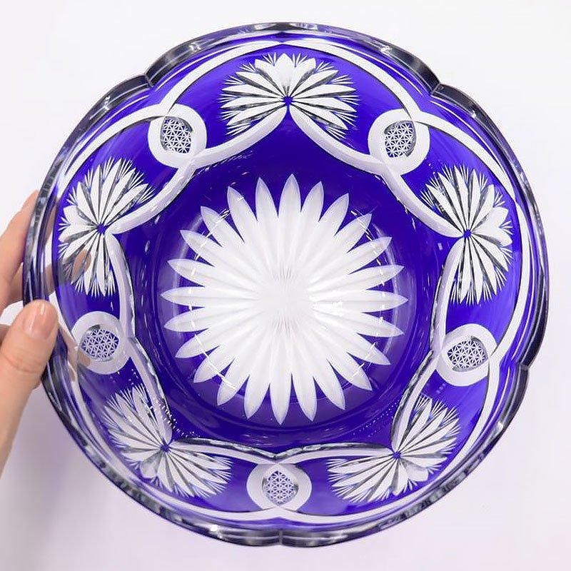 アンティーク青切子鉢 菊モチーフ昭和初期製