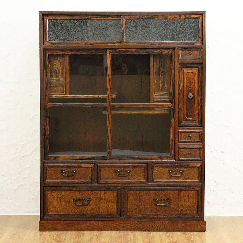 ヴィンテージ 黒柿 結霜ガラス 茶箪笥 大正昭和レトロ