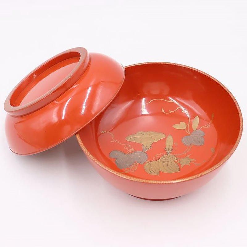 大正時代のアンティーク朱塗り煮物椀 朝顔模様