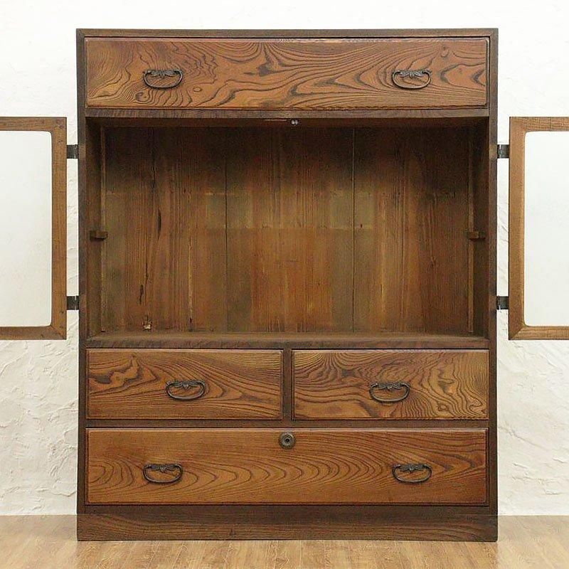 ヴィンテージ 結霜ガラス 茶箪笥 大正昭和レトロ 和家具