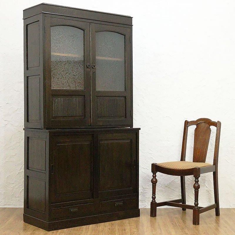 ヴィンテージ 大正ロマン 結霜ガラス 食器棚 木製 日本製