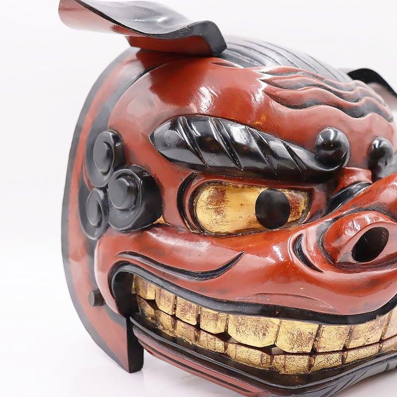 木彫 漆塗り 獅子頭 赤獅子 アンティーク工芸品