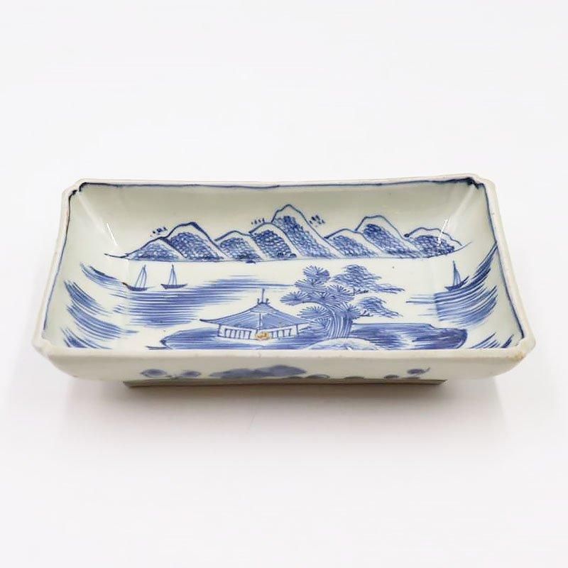 アンティーク手描き伊万里長皿 明治大正山水舟