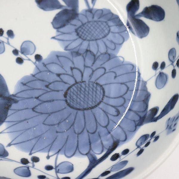 茶碗□鉢 古い染付 鷺（さぎ） 花唐草 お茶道具 菓子器 古玩 時代物