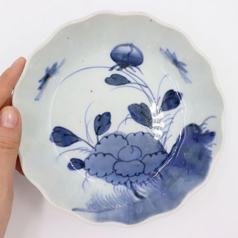 アンティーク 骨董 染付 牡丹唐草文様 小皿 銘々皿 杉緑銘