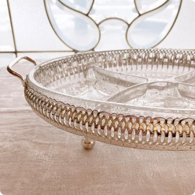 フランスアンティーク オードブルガラスプレート 4仕切 切子 フランス