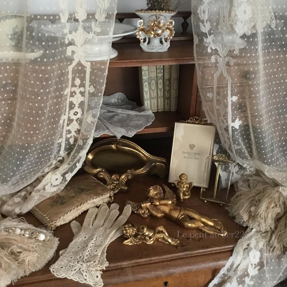 2枚1組) フランス アンティーク チュールレースカーテン 刺繍 エクリュ