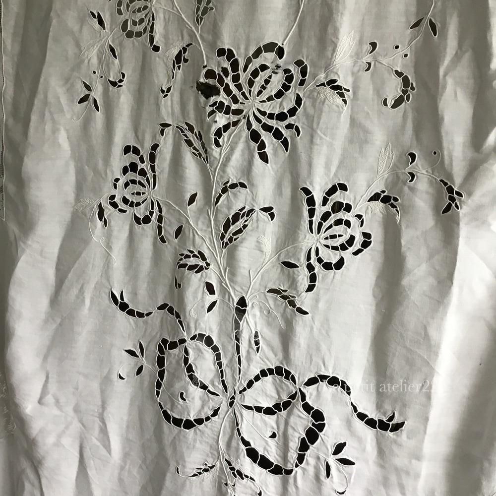 特大) フランス アンティーク リネン カットワーク リシュリュー刺繍