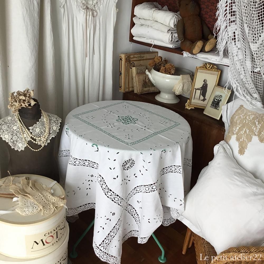 ほぼ正方形) フランス アンティーク リネン テーブルクロス カット