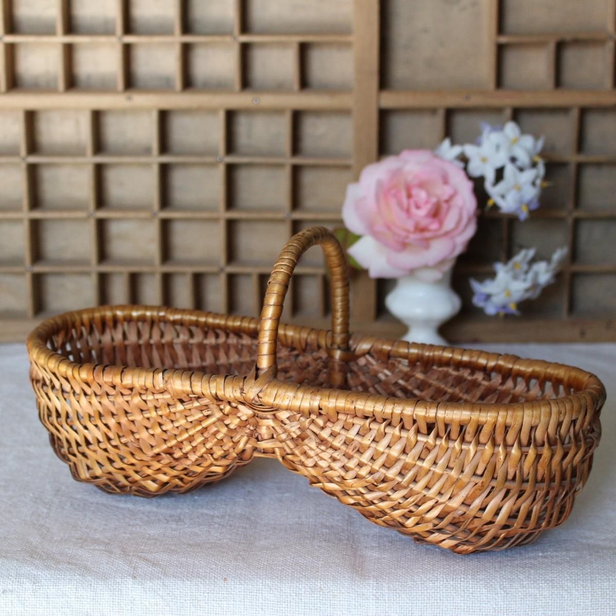 フランスアンティーク ローズペイントバスケット 蓋付き パニエ かご