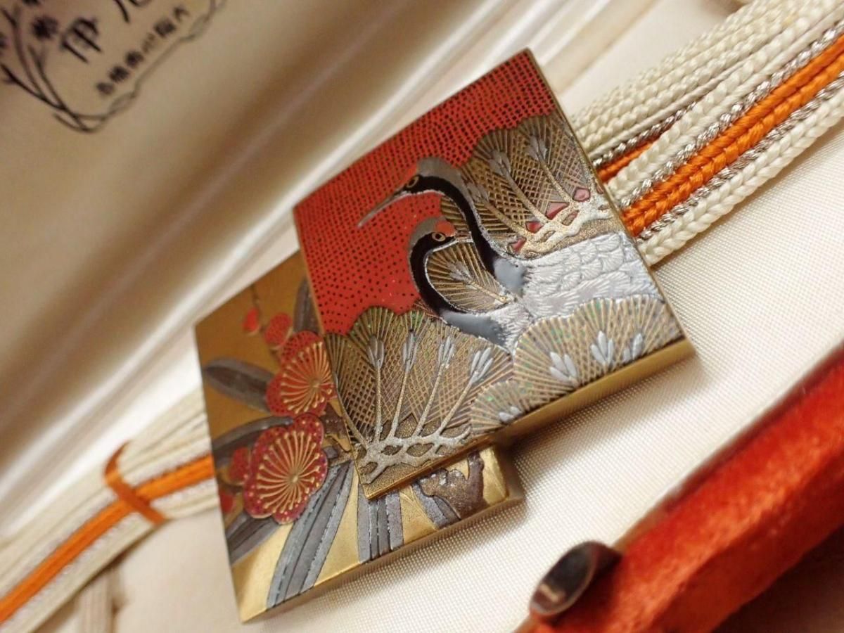 アンティーク 蒔絵 帯留 土方永耕作 双鶴松梅 本鼈甲