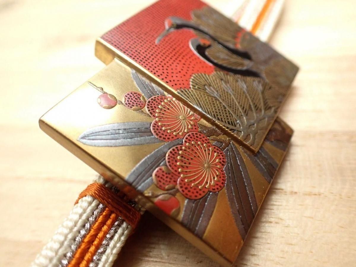 アンティーク 蒔絵 帯留 土方永耕作 双鶴松梅 本鼈甲