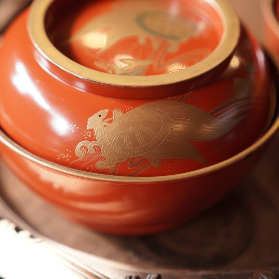 漆器 椀 蓋付き 朱塗り 金蒔絵 明治アンティーク
