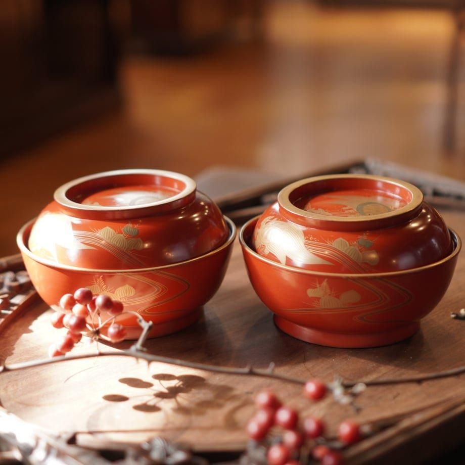 漆器 椀 蓋付き 朱塗り 金蒔絵 明治アンティーク