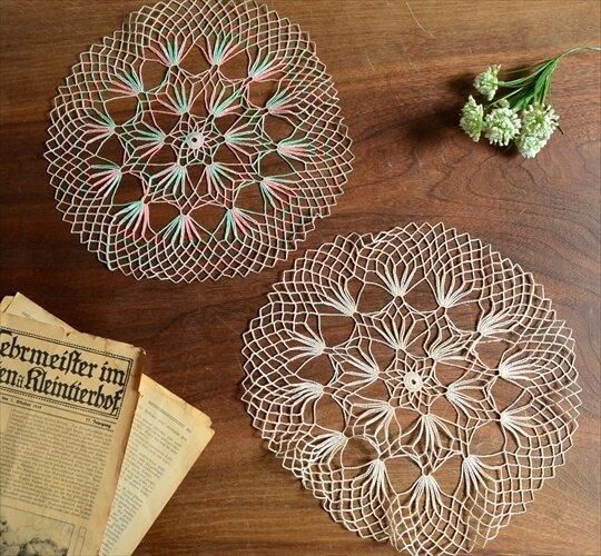 フランス製アンティークドイリー 繊細な刺繍レース2枚セット