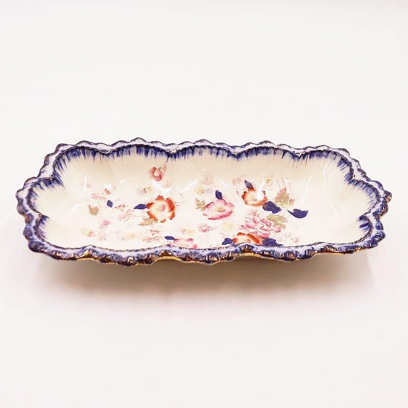 希少なアンティーク横長皿 フリルブルー花柄1900年製