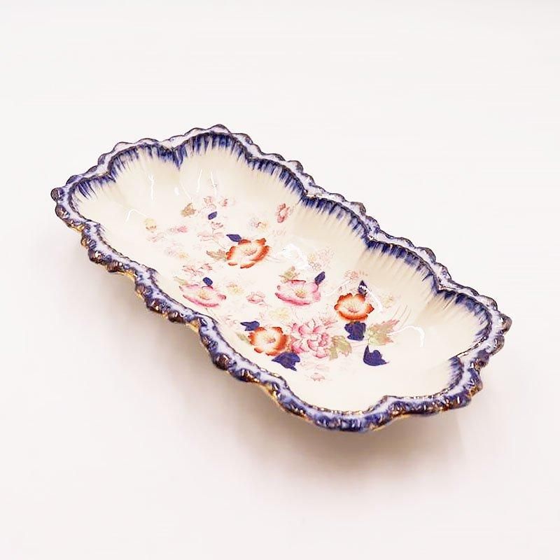 希少なアンティーク横長皿 フリルブルー花柄1900年製