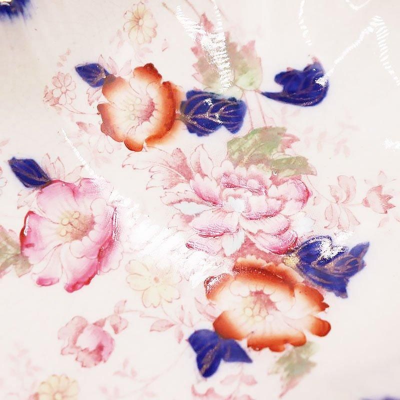 希少なアンティーク横長皿 フリルブルー花柄1900年製