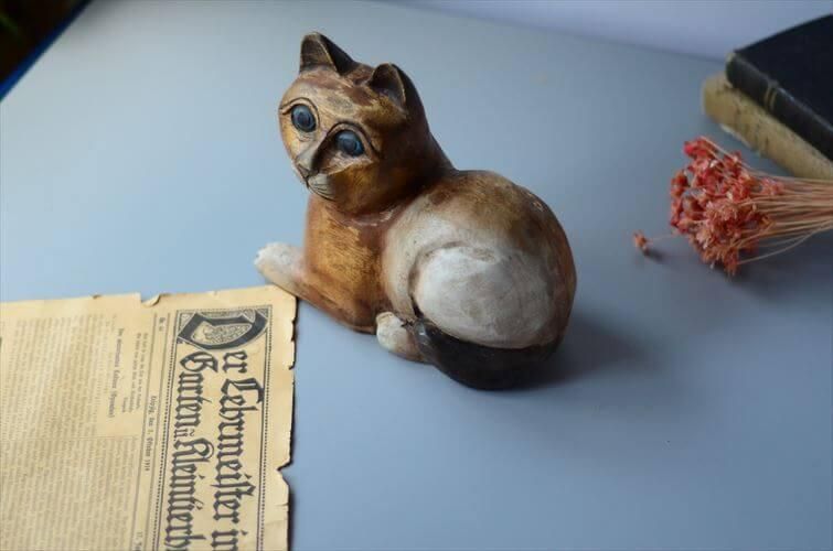 ヴィンテージ フランス ハンドメイド 木製 猫 オブジェ