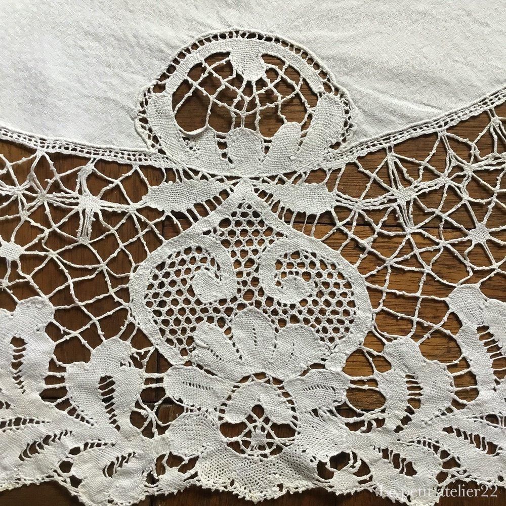 楕円) フランス アンティーク リネン ダマスク織 ボビンレース