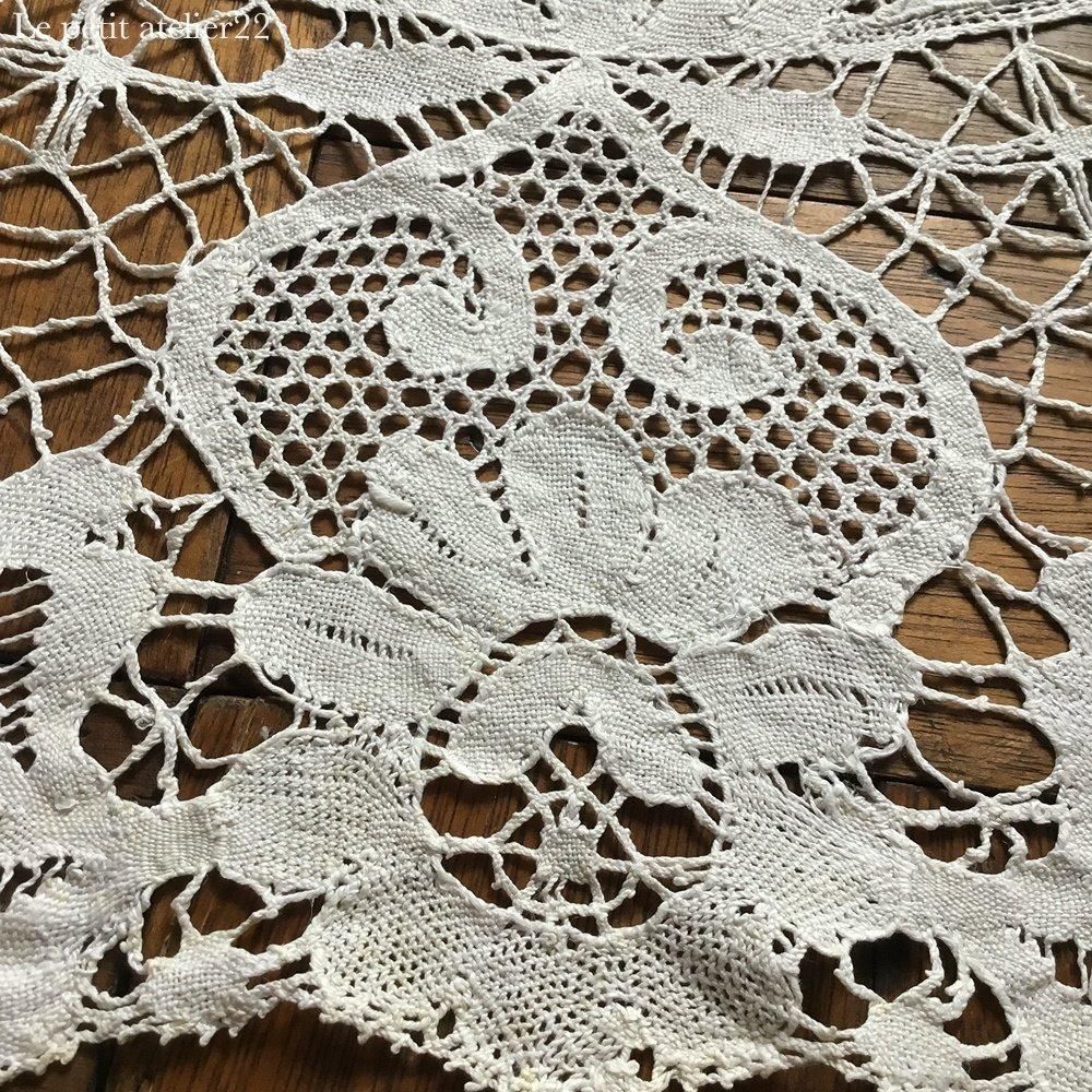 アンティーク 滑らかな細番手リネン フィレレース＆格子ドローンワーク