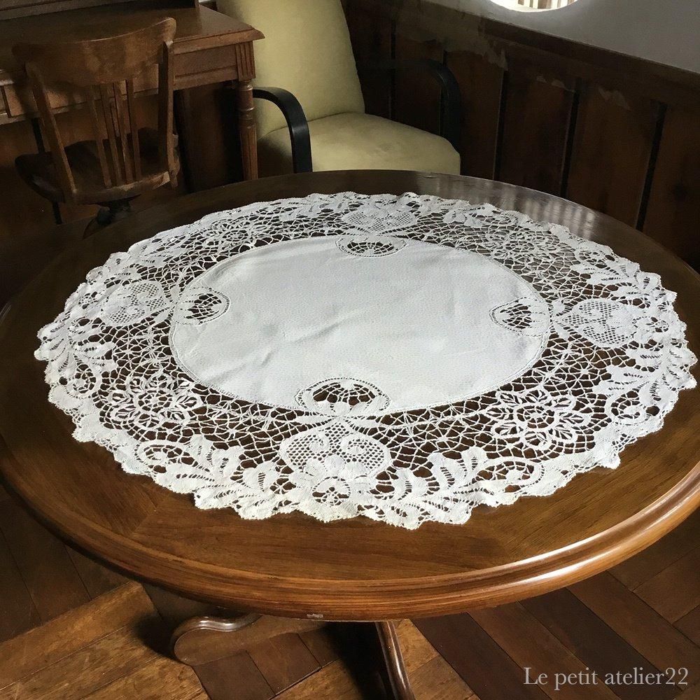 楕円) フランス アンティーク リネン ダマスク織 ボビンレース