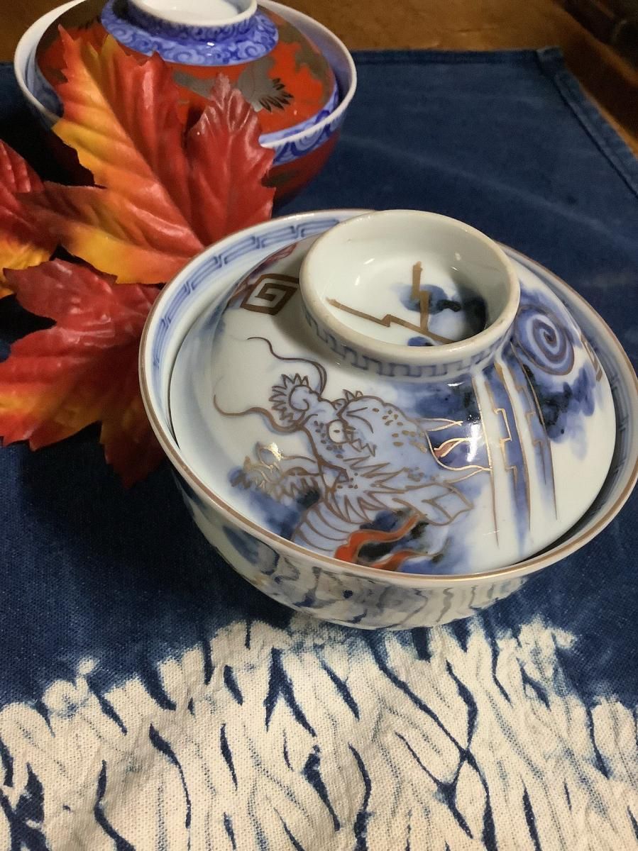 明治時代頃の龍蓋付茶碗 青赤金彩