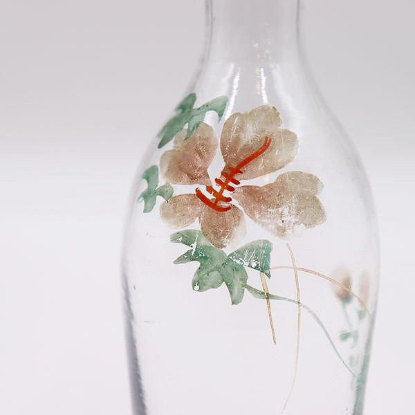 時代物❗昭和戦前頃 古硝子 ガラス絵 菊花に梅花図 酒徳利一対 酒器