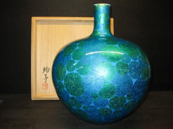 小野珀子高さ約32cm美術館級釉裏金彩花壷 (葡萄図絵柄大花瓶)桐共箱