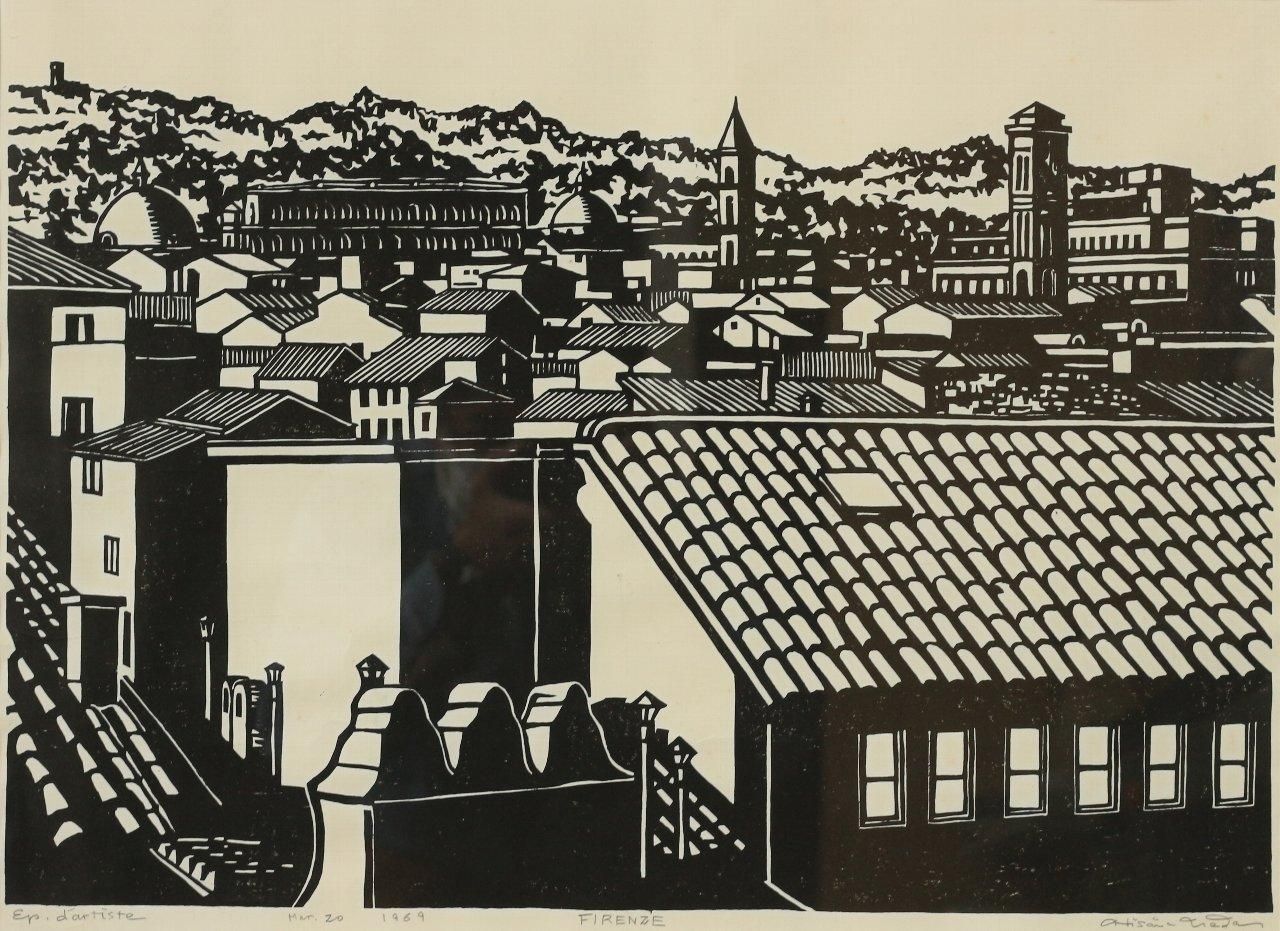 作者不詳作 木版画 風景画 額装仕立て マット付