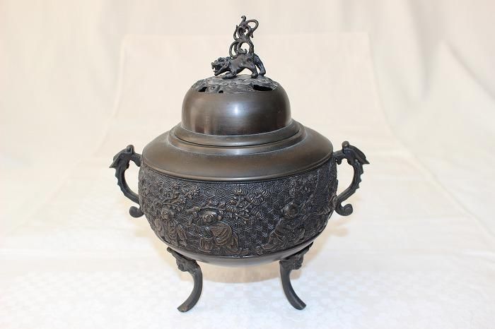 D-492高岡銅器鋳造高足獅子香炉鋳造師善祐謹製 - 石川県金沢の骨董品の