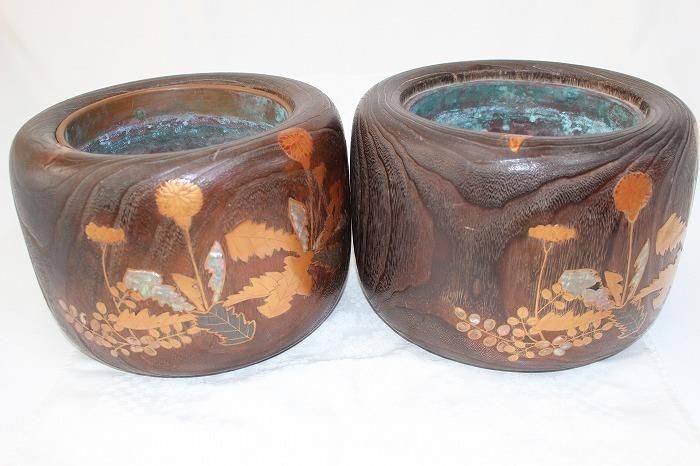 C-430金沢市伝統工芸品桐火鉢花蝶文蒔絵螺鈿付火鉢一対 - 石川県金沢の