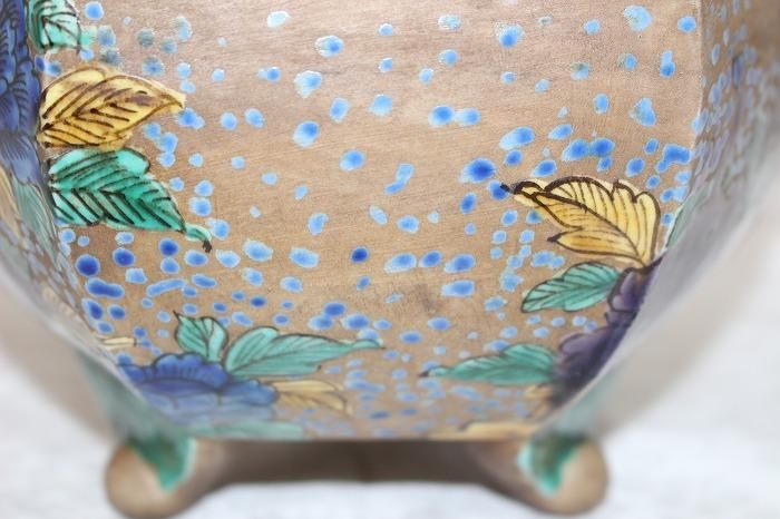 K-1565九谷焼吉田屋風青手染付六角唐獅子文大香炉角福印 - 石川県金沢