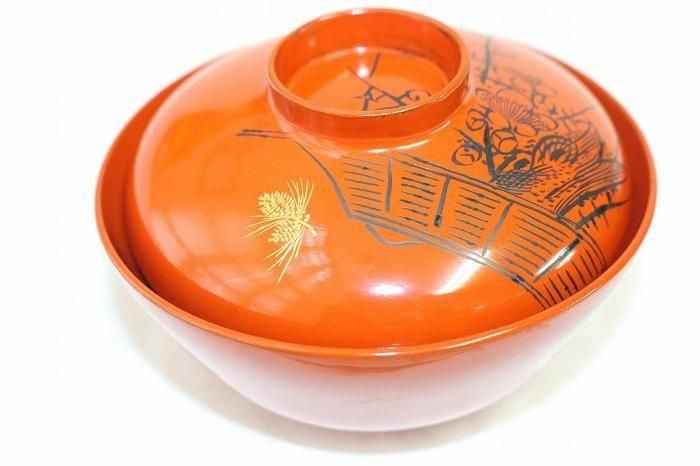 F-1110輪島塗本木地造朱塗松竹梅文沈金蒔絵付吸物椀全18客バラ売