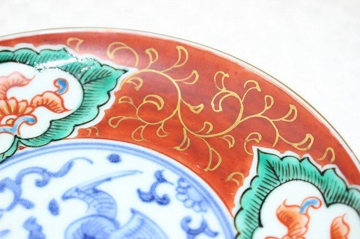 稀少 明治九谷の第一人者 松本佐平 松雲堂 赤絵金彩唐子図中皿 其のニ