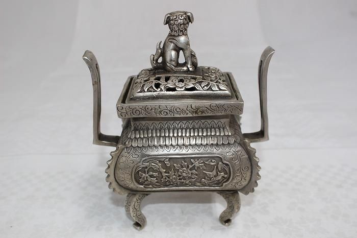 D-423高岡銅器蝋型洋銀獅子香炉 太明宣徳年製刻印付 - 石川県金沢の