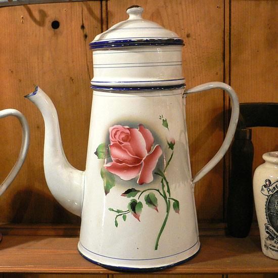 フランスアンティークホーローピンクの花と小鳥ハンドペイントコーヒー