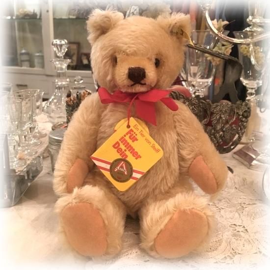 シュタイフ レッド ファジーテディベア ヴィンテージ イヤーボタンタグ