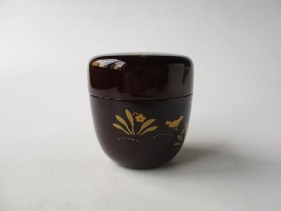 井伊宗観好 十二カ月茶器写溜塗 菫に雲雀蒔絵中棗 (共箱)塗師 広哲