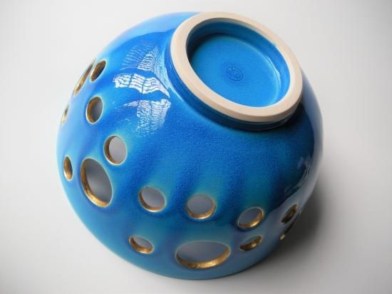 浅黄交趾釉薬水玉透かし文 菓子鉢 平安 善昇 茶道具 黄交趾焼 菓子