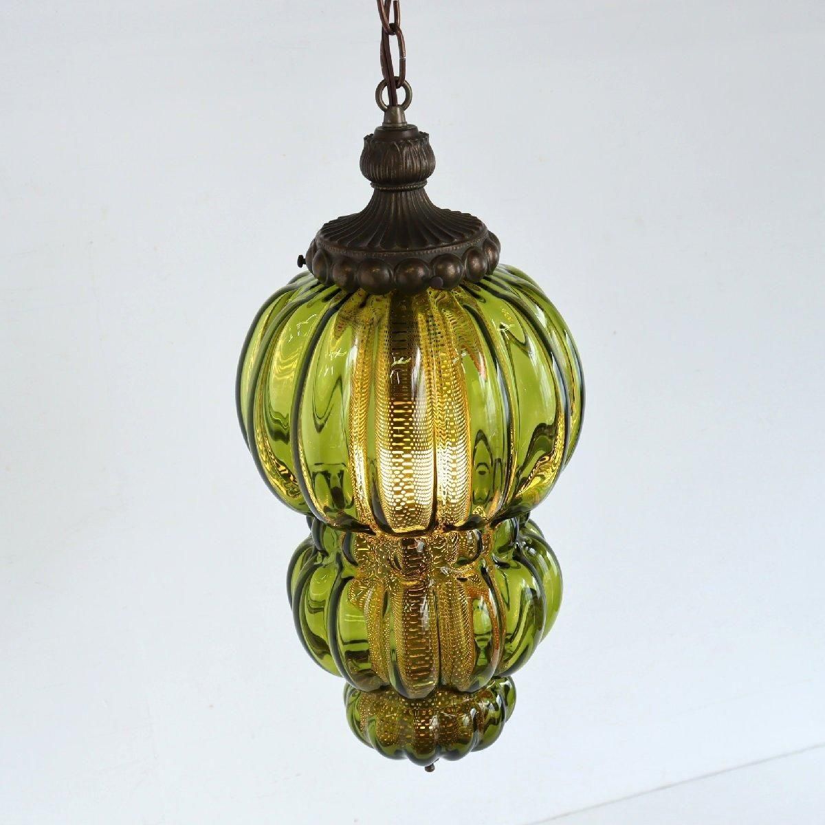 60s 70s グリーンガラス ペンダントランプ -通販-ローズボール