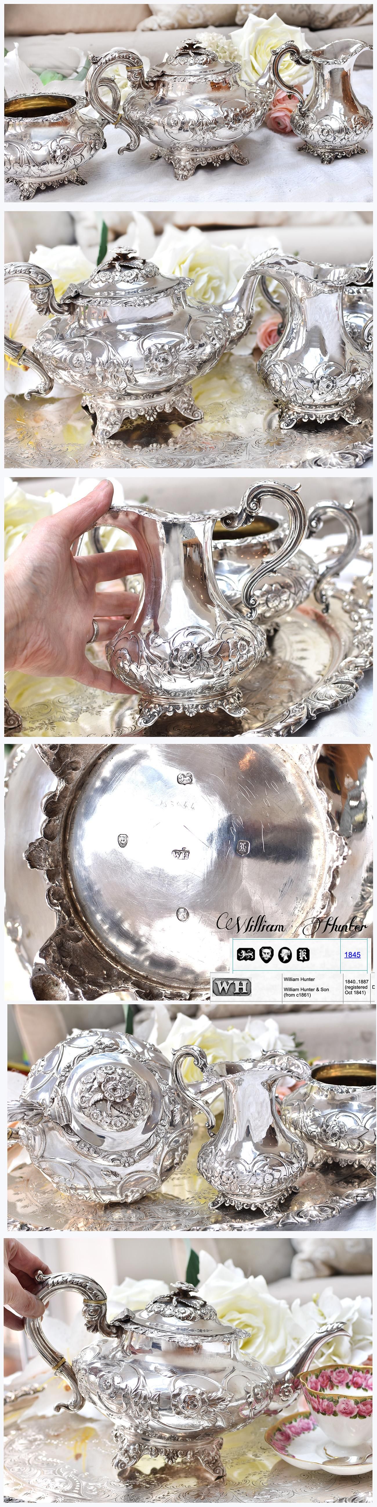 ◇ご商談中◇英国アンティーク銀器【純銀】1845年 薔薇摘みのティー