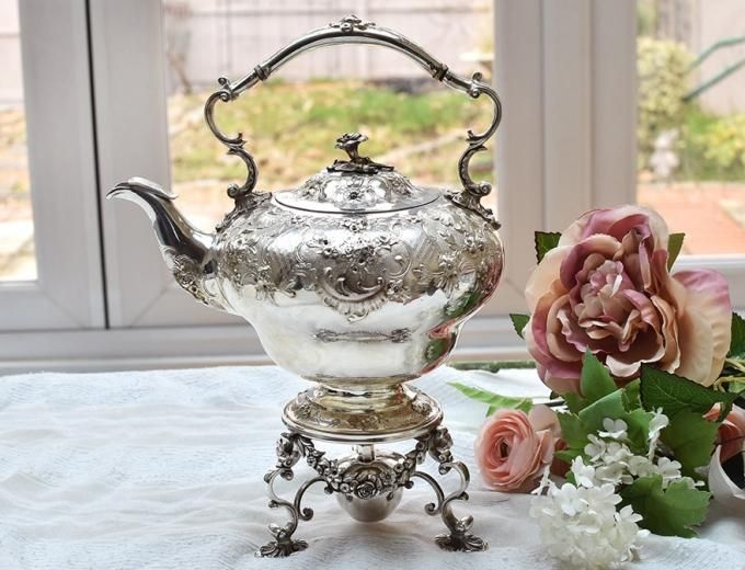 英国アンティーク銀器【純銀】ティーケトル＆スタンド Robert Hennel